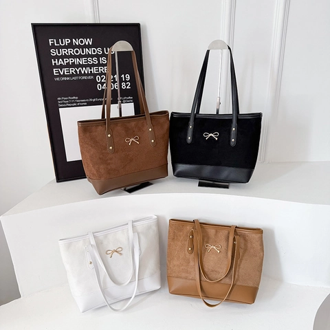 Damen Tote Bag Große Kapazität PU Leder Wildleder Patchwork Goldene Schleife Mode Pendeln Schultertasche