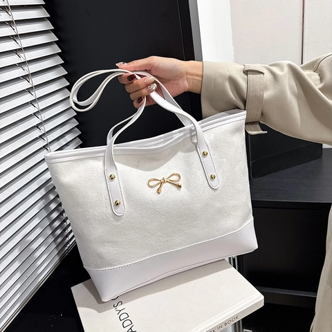 Damen Tote Bag Große Kapazität PU Leder Wildleder Patchwork Goldene Schleife Mode Pendeln Schultertasche