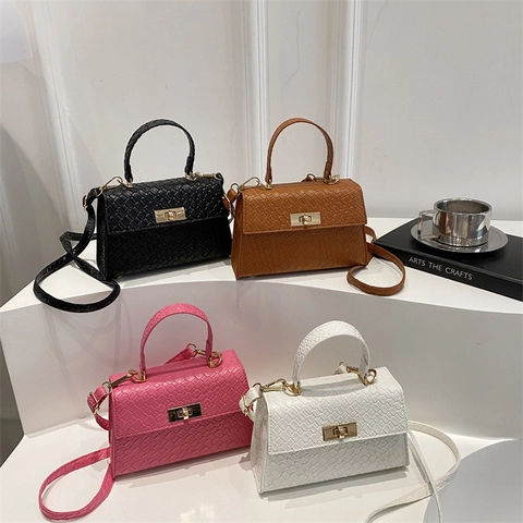 Kleine Quadratische Tasche Mit Webstruktur Für Damen Trendy Kunstleder Umhängetasche Schultertasche Mit Goldenem Drehverschluss Handtasche