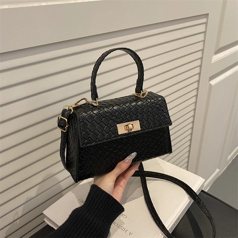 Damen Handtasche Krokodil Webstruktur PU Leder Gold Drehverschluss Tragegriff Schulter Umhängetasche Mode Quadratische Beutel