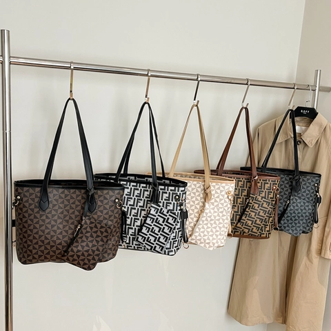 Women Large Tote Bag And Small Pouch PU Leather Geometric Triangle Monogram Print Retro Commuter Shoulder Bag