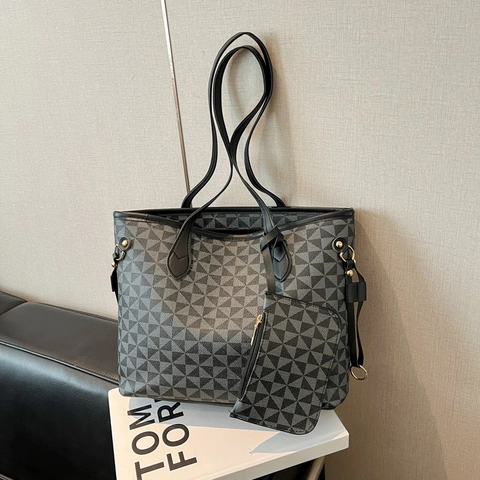 Women Large Tote Bag And Small Pouch PU Leather Geometric Triangle Monogram Print Retro Commuter Shoulder Bag