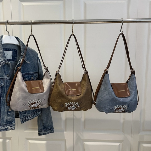 Dames Retro Denim Canvas Schoudertas Met PU Leren Trim Cartoon Letter Print Hobo Crossbody Tas Mode