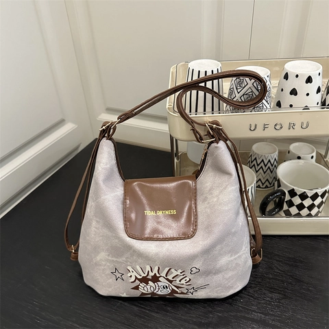 Dames Retro Denim Canvas Schoudertas Met PU Leren Trim Cartoon Letter Print Hobo Crossbody Tas Mode