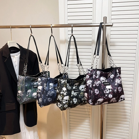 Borsa Tote A Spalla Con Stampa Floreale Teschio Gotico Nylon Grande Capacità Tracolla Catena Metallo Stile Punk Per Donna