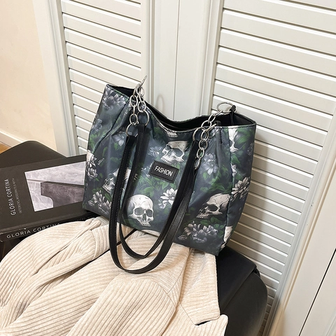 Borsa Tote A Spalla Con Stampa Floreale Teschio Gotico Nylon Grande Capacità Tracolla Catena Metallo Stile Punk Per Donna