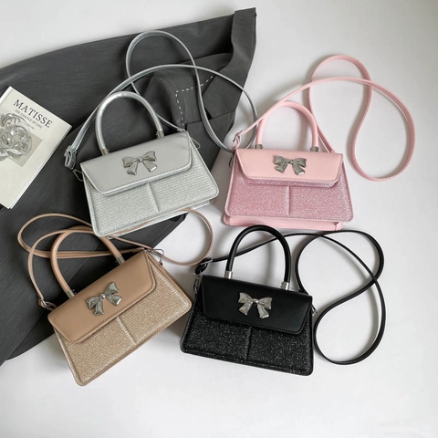 Damen Schultertasche PU Leder Pailletten Patchwork Schleife Dekor Handtasche Mit Verstellbarem Riemen Schicke Tasche