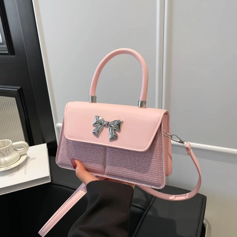 Damen Schultertasche PU Leder Pailletten Patchwork Schleife Dekor Handtasche Mit Verstellbarem Riemen Schicke Tasche