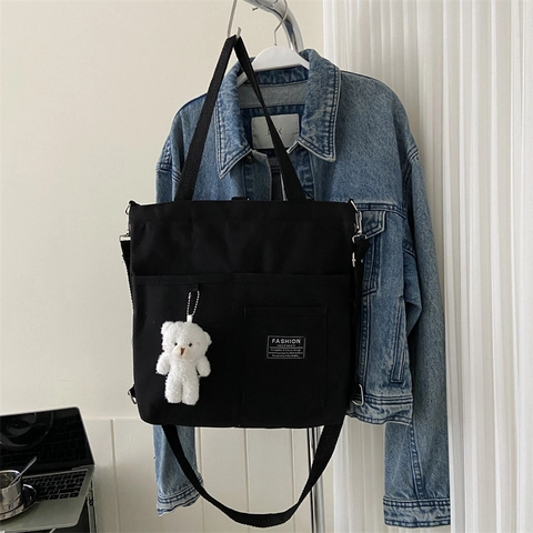 Borsa Tote In Tela Da Donna Grande Capacità Borsa A Tracolla Con Ciondolo A Forma Di Orso Stile Di Strada Versatile Casual Coreano