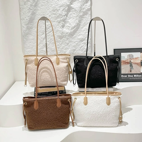 Bolso Tote de Felpa de Moda para Mujer Vintage Casual Bolso de Hombro de Lana de Cordero Gran Capacidad Color Sólido Con Cordón