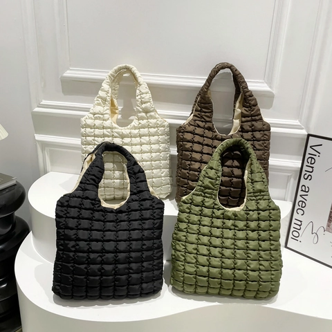Borsa Tote Trapuntata Grande Capacità Nylon Motivo A Quadretti Borsa A Mano A Bolle Borsa A Spalla Minimalista Casual Per Donna
