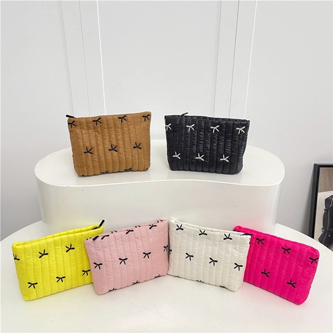 Gesteppte Clutch Tasche Mit Schleifenstickerei Große Kapazität Make-Up Organizer Reißverschlusstasche Damen Kawaii Zubehör