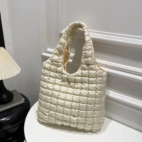 Borsa Tote Trapuntata Grande Capacità Nylon Motivo A Quadretti Borsa A Mano A Bolle Borsa A Spalla Minimalista Casual Per Donna