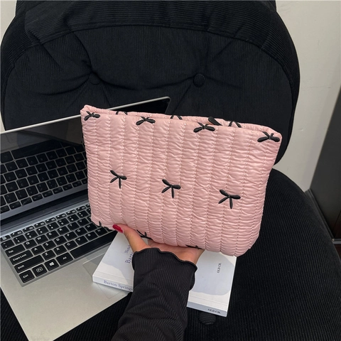Gesteppte Clutch Tasche Mit Schleifenstickerei Große Kapazität Make-Up Organizer Reißverschlusstasche Damen Kawaii Zubehör