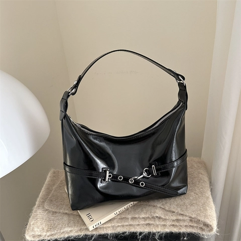 Bolso de Hombro Hobo de Cuero PU Brillante Vintage Gran Capacidad Color Sólido Bajo el Brazo Mujer Diario Casual de Mano