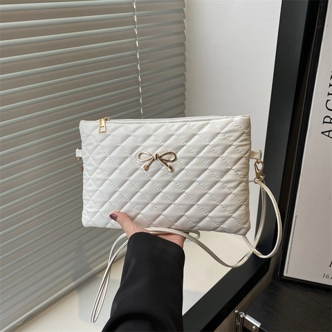 Quilted PU Leather Crossbody Bag Diamond Pattern Gold Bow Metal Decor Zip Closure Versatile Shoulder Bag For Women