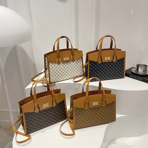 Women Retro Monogram Tote Handbag PU Leather Canvas Large Capacity Shoulder Crossbody Bag Metal Rotary Lock Commuter