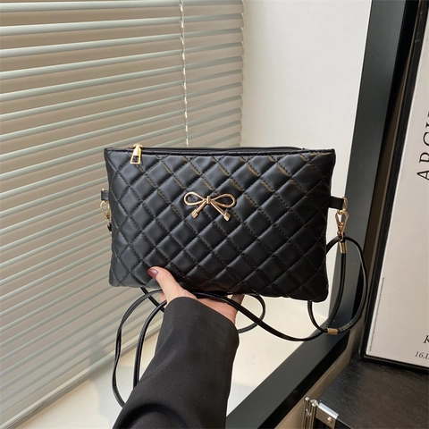 Borsa a Tracolla da Donna in Pelle PU Trapuntata a Rombi Moda Dolce Fiocco d'Oro Decorativa Piccola Borsa Quadrata per Uso Quotidiano