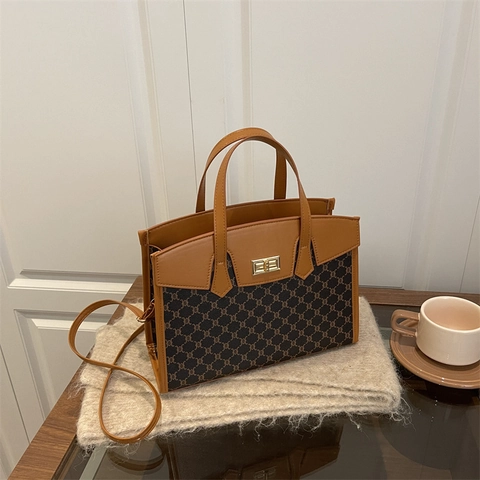 Women Retro Monogram Tote Handbag PU Leather Canvas Large Capacity Shoulder Crossbody Bag Metal Rotary Lock Commuter