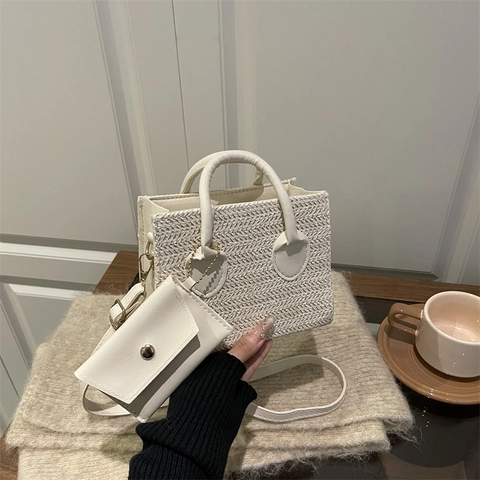 Bolso De Hombro De Paja Tejida Minimalista Con Correa De Cuero PU Bolsa Desmontable Bolso De Playa De Vacaciones Mujer