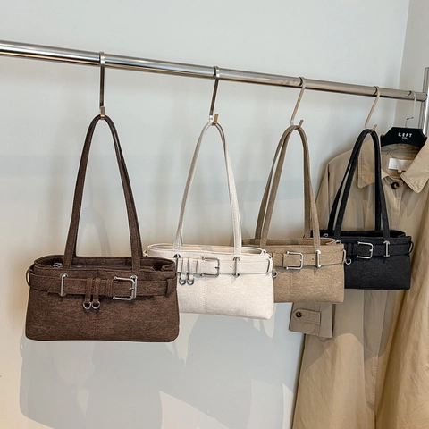 Borsa Spalla Baguette Donna Pelle PU Con Fibbia Cintura Decorativa Doppia Tracolla Retrò Quadrata Minimalista