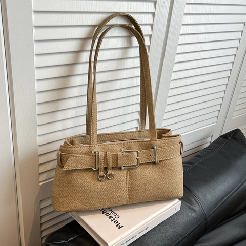 Borsa Spalla Baguette Donna Pelle PU Con Fibbia Cintura Decorativa Doppia Tracolla Retrò Quadrata Minimalista