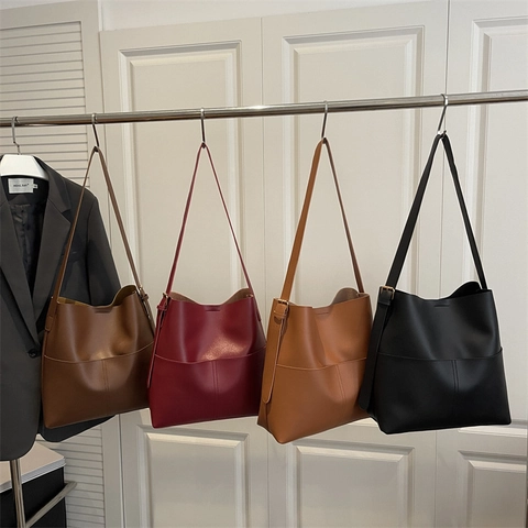 Bolso Cubo Gran Capacidad Cuero PU Minimalista Retro Color Sólido Bolso De Hombro Tote Para Mujeres