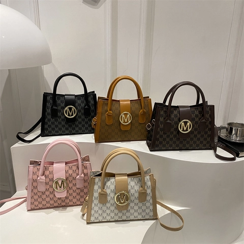Borsa A Mano Da Donna Moda Pelle PU Stampa Lettere M Monogramma Borsa A Tracolla Fibbia In Metallo Dorato Manico Superiore Versatile