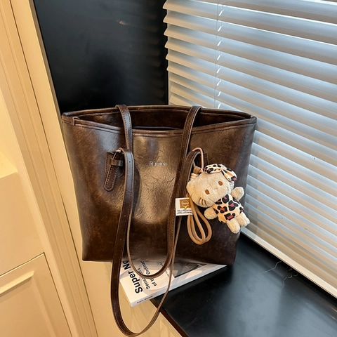 Vintage PU Lederen Tote Bag Grote Capaciteit Schoudertas Voor Dames Stedelijke Eenvoudige Stijl Ritssluiting
