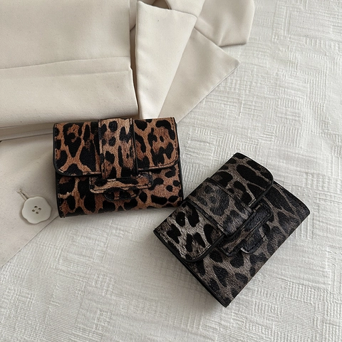 Women Mini Leopard Print Wallet PU Leather Short Card Holder Small Square Coin Purse Retro Fashion Snap Button