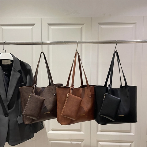 Large Capacity Tote Bag And Small Pouch PU Leather Vintage Solid Color Commuter Shoulder Handbag For Women Daily Travel