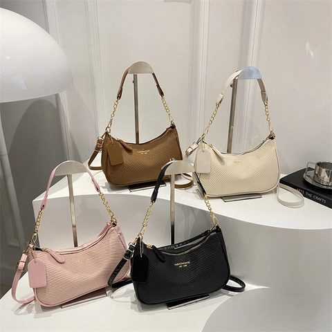 Bolso De Axila Tejido Para Mujer Media Luna Creciente Bolso De Hombro Con Cadena Chic Casual Minimalista Color Liso