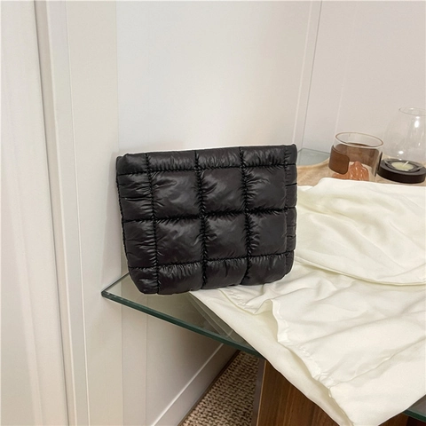 Borsa da Sera Pochette da Donna in Cotone a Quadretti Ricamata Dolce Trousse Trucco Trapuntata Puffer Organizzatore a Cerniera