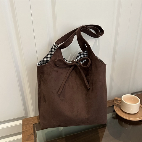 Borsa Tote Vintage In Finta Pelle Scamosciata Grande Capacità Borsa A Spalla Donna Con Fiocco E Fodera A Quadretti