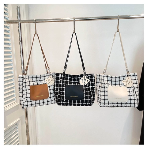 Damen Tote Bag Hahnentritt Tweed PU Leder Große Kapazität Schulter Handtasche Mit Katzenanhänger Koreanisch Vintage