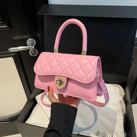 Quilted Handbag PU Leather Small Square Top Handle Crossbody Shoulder Bag With Metal Twist Lock Autumn Fashion For Women