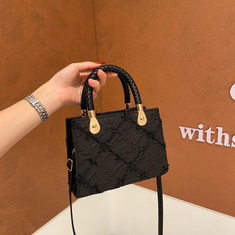 Damen Schulter Umhängetasche PU Leder Stoff Gewebter Griff Diamant Gesteppt Stickerei Kleine Quadratische Tasche Elegant Süß