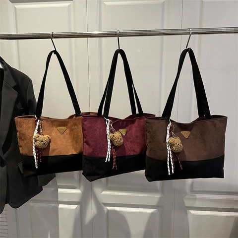 Fashion Women Color Block Tote Bag Stitching Suede Texture Large Capacity Commuter Shoulder Bag Triangle Metal Logo Pendant