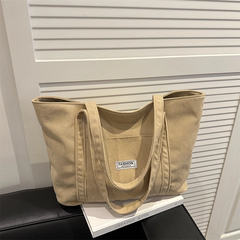 Tote Bag en Velours Côtelé pour Femmes Grande Capacité Sac à Main Épaule Vintage Minimaliste Décontracté