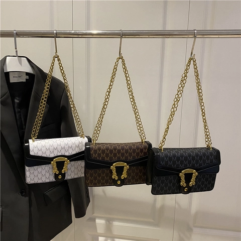 Borsa a Tracolla in Pelle PU con Stampa di Lettere Monogramma Vintage per Donna Catena Dorata Borsa a Bandoliera Lusso Fibbia