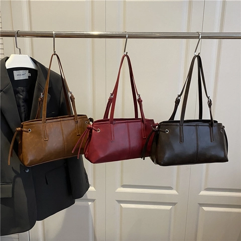 Vintage PU Leather Tote Bag For Women Large Capacity Minimalist Shoulder Bag Solid Color Fashionable Daily Shopping Handbag