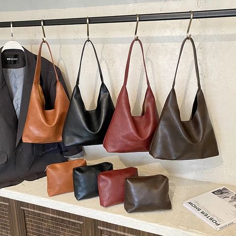 Borsa a Tracolla da Donna in Pelle PU di Grande Capacità Tinta Unita Moda Hobo Tote Bag per Pendolarismo Quotidiano Con Pochette