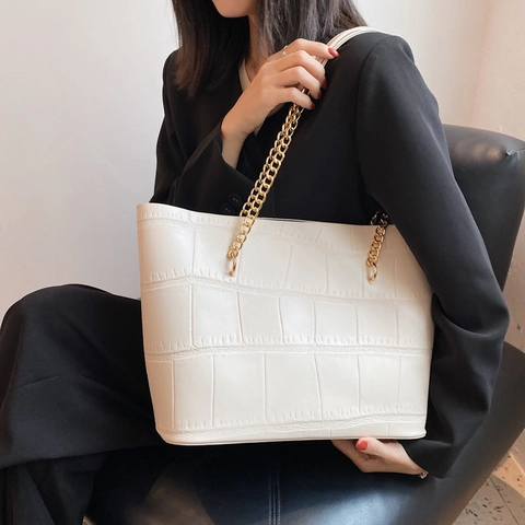 Grote Capaciteit Tote Bag Krokodillenpatroon Reliëf PU Leer Gouden Ketting Elegante Schoudertas Handtas Voor Dames Werk