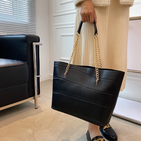 Grote Capaciteit Tote Bag Krokodillenpatroon Reliëf PU Leer Gouden Ketting Elegante Schoudertas Handtas Voor Dames Werk
