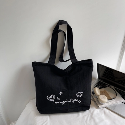 Large Capacity Canvas Tote Bag With Heart Star Embroidery Korean Casual Shoulder Bag For Women Daily Work Handbag
