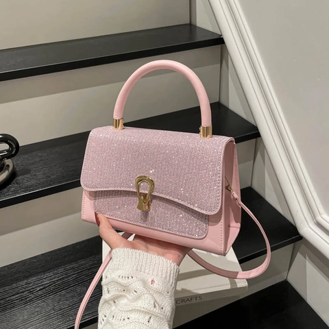 Fashion Women Rhinestone Flap Small Square Bag PU Leather Crossbody Handbag With Gold Metal Lock Elegant Party Messenger Bag