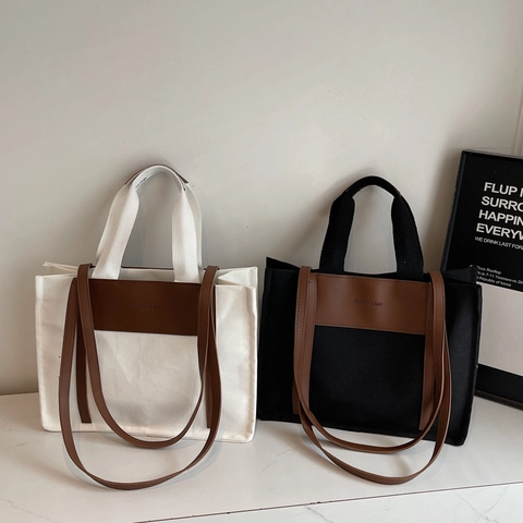 Borsa Tote In Tela Di Grande Capacità Con Finiture In Pelle PU Borsa A Spalla Da Donna Minimalista Colorblock Per Lavoro Viaggio