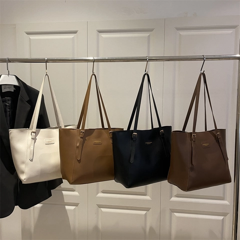 Vintage Women Large Capacity PU Leather Tote Bag Fashion Shoulder Bag Solid Color Commuter Handbag For Daily Work Office