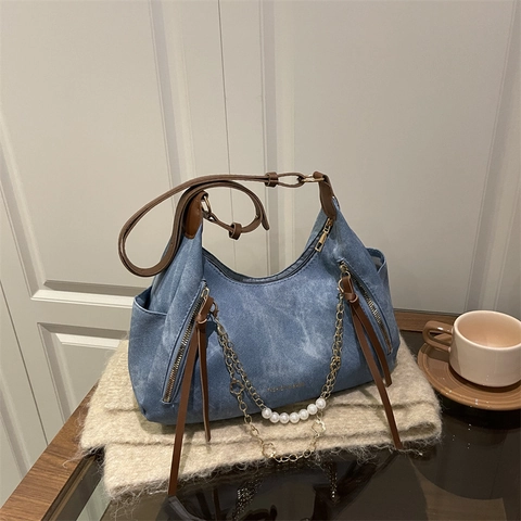 Vintage Denim Texture Shoulder Bag For Women Large Capacity Tote Artificial Pearl Metal Chain Decor Tassels Retro Style Hobo Bag