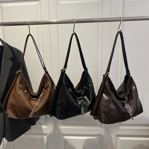 Women Vintage PU Leather Large Capacity Tote Bag Trendy Autumn Winter Shoulder Bag Minimalist Solid Color Commuter Handbag